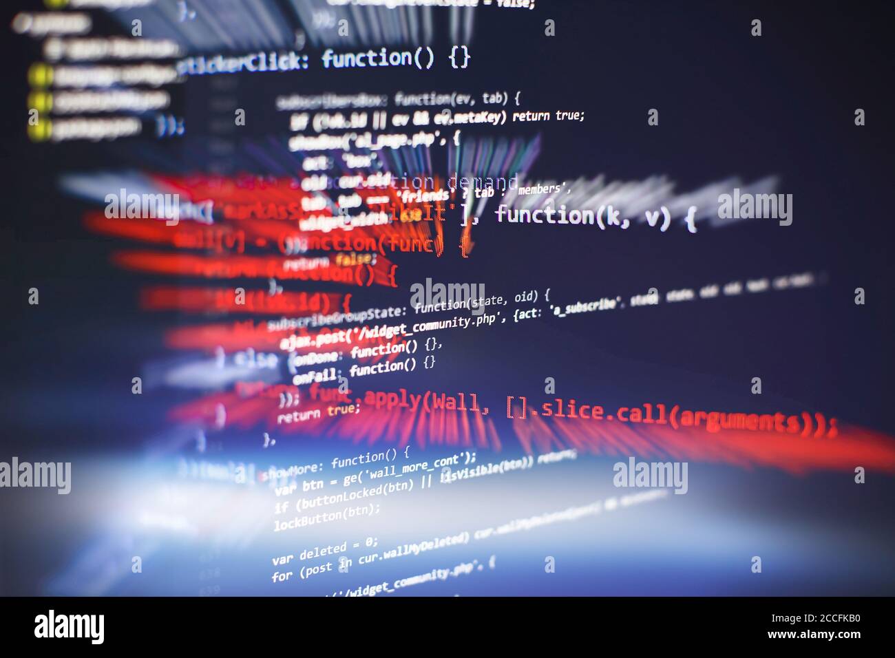 HTML5 in editor for website development. Website HTML Code on the Laptop Display Closeup Photo. Modern tech. Innovative startup project. Stock Photo