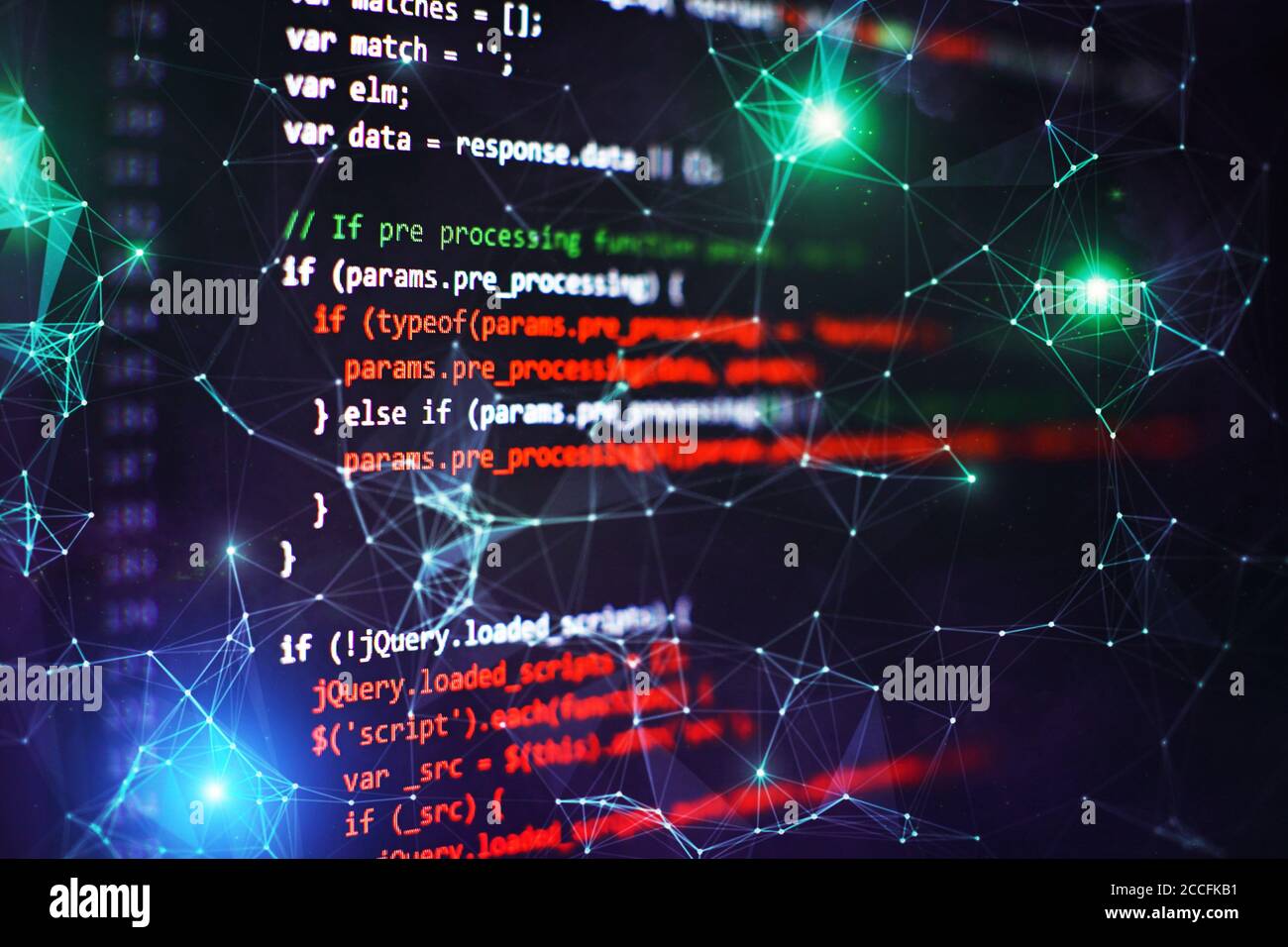 SEO optimization. Modern tech. PHP syntax highlighted. Writing programming functions on laptop. Big data and Internet of things trend. Stock Photo