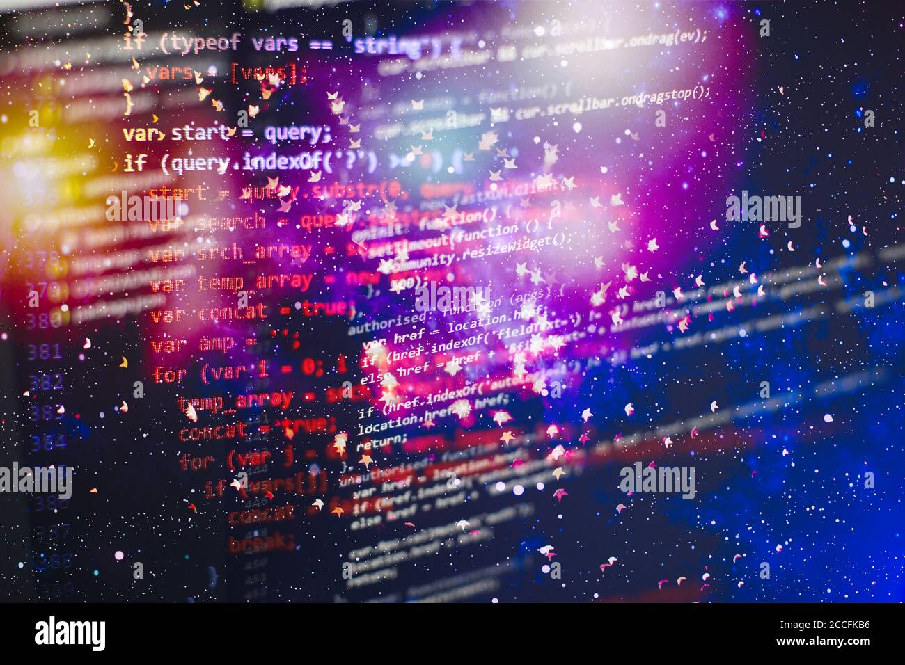Programmer working in a software develop company office. Digital binary data on computer screen. Computer script typing work. Programming code abstrac Stock Photo