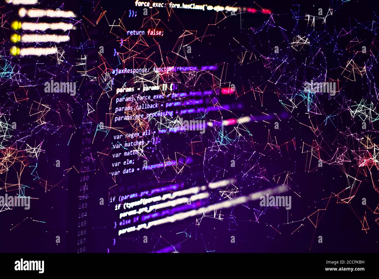 SEO optimization. Modern tech. PHP syntax highlighted. Writing programming functions on laptop. Big data and Internet of things trend. Stock Photo