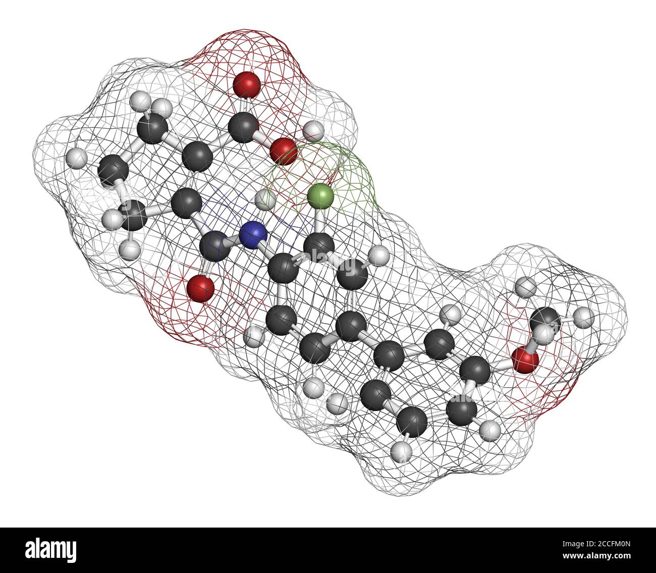 Vidofludimus drug molecule (DHODH inhibitor). 3D rendering. Atoms are represented as spheres with conventional color coding: hydrogen (white), carbon Stock Photo