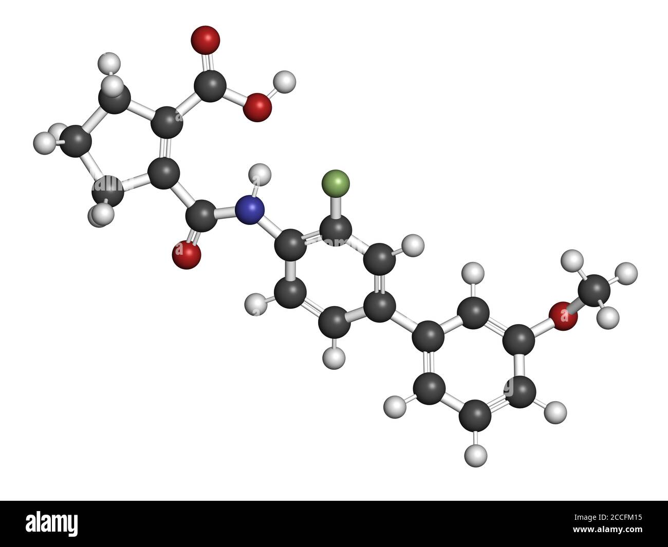 Vidofludimus drug molecule (DHODH inhibitor). 3D rendering. Atoms are represented as spheres with conventional color coding: hydrogen (white), carbon Stock Photo