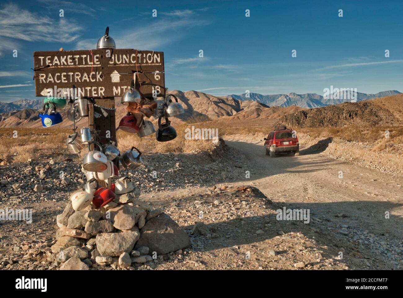 Road sign at Teakettle Junction on Racetrack Valley Road, Mojave Desert in Death Valley National