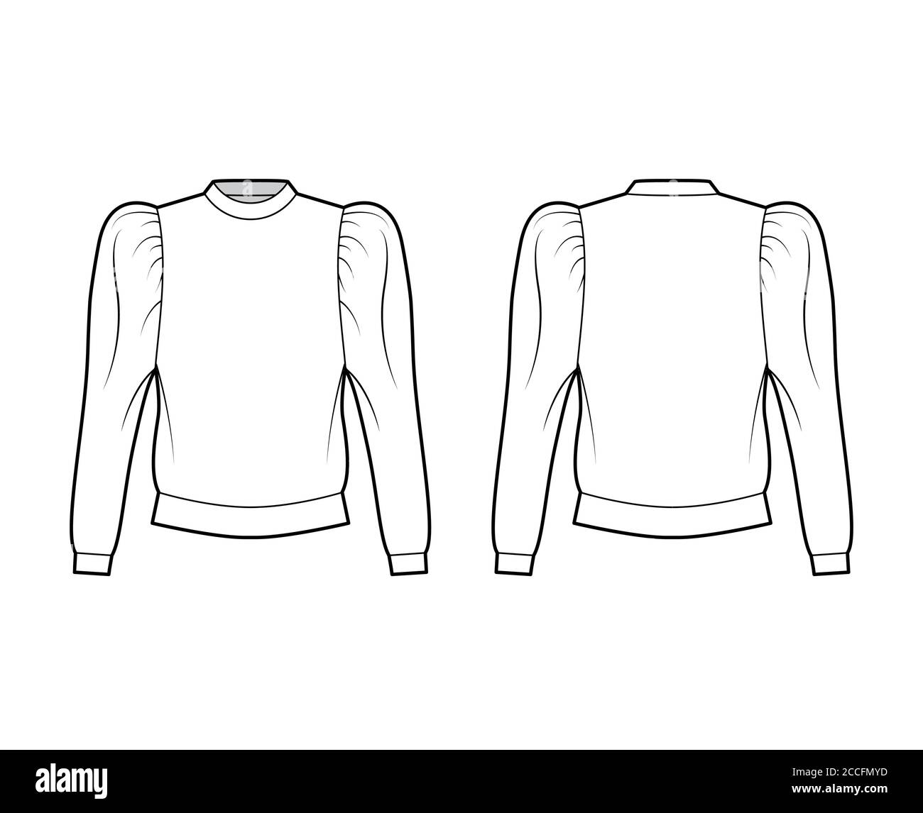 Cotton-jersey sweatshirt technical fashion illustration with relaxed fit, crew neckline, gathered, puffy long sleeves. Flat jumper apparel template front, back white color. Women, men, unisex top CAD Stock Vector