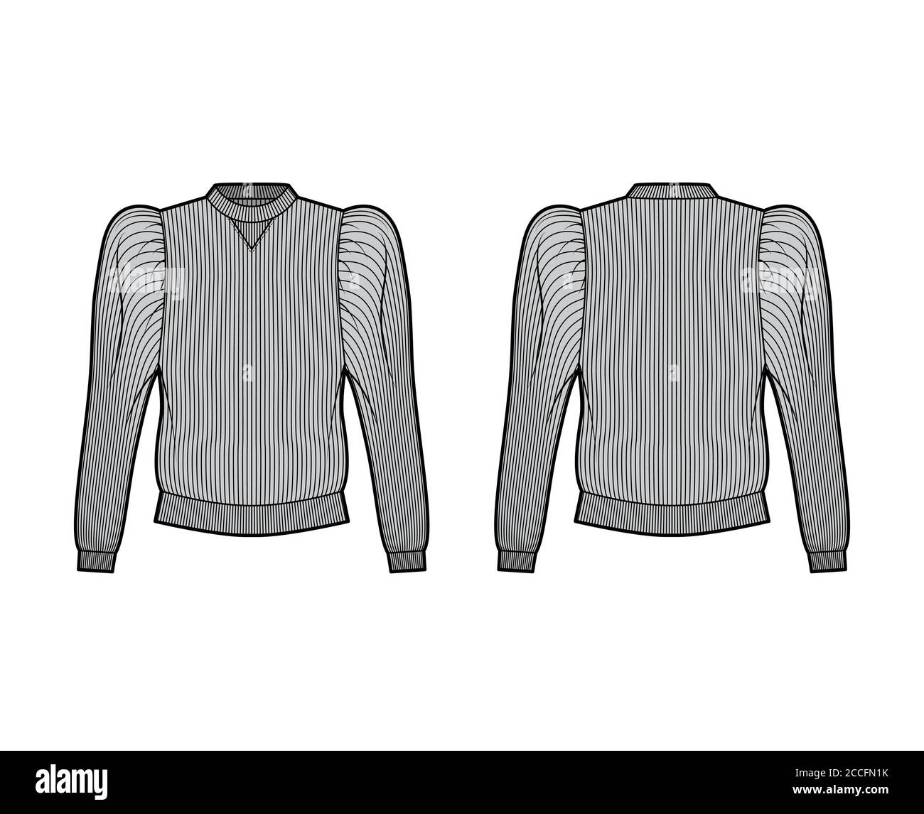 Ribbed cotton-jersey sweatshirt technical fashion illustration with gathered, puffy long sleeves, relaxed fit. Flat jumper apparel template front, back grey color. Women men unisex top knit CAD mockup Stock Vector