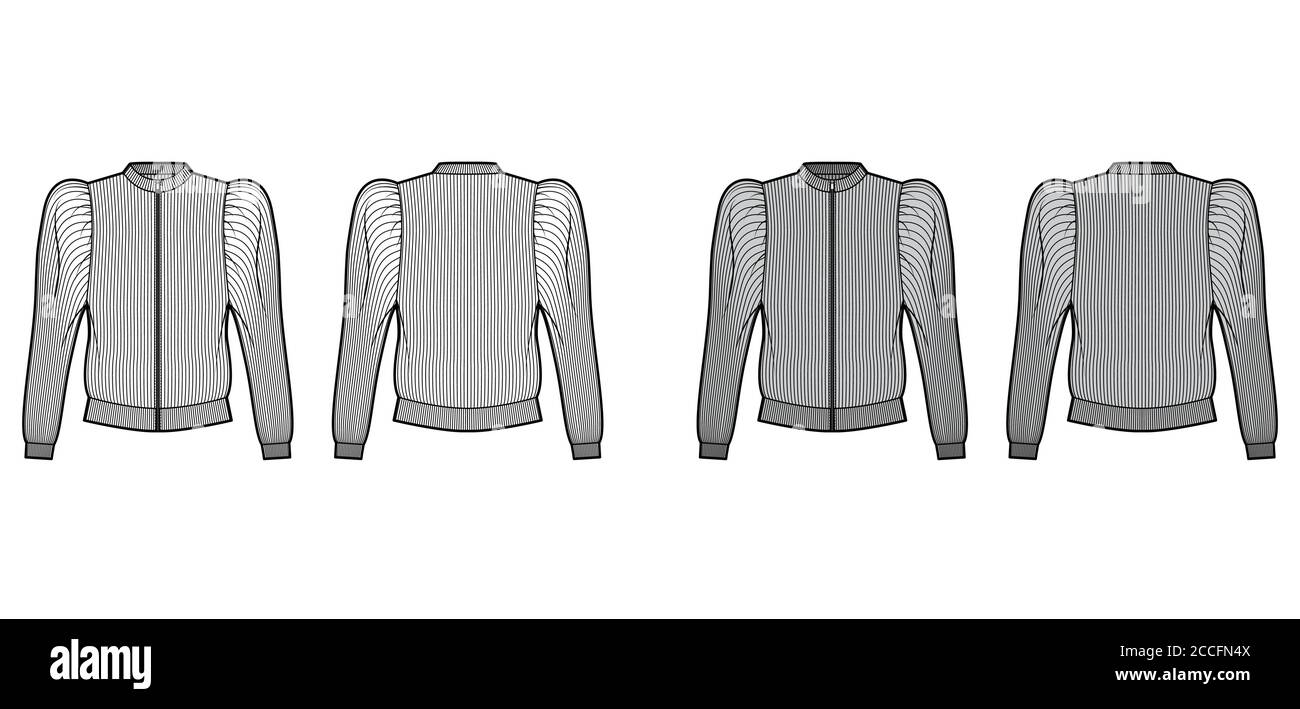 Zip-up ribbed cotton-jersey sweatshirt technical fashion illustration with gathered, puffy long sleeves, relaxed fit. Flat jumper apparel template front, back, white grey color. Women men top knit CAD Stock Vector