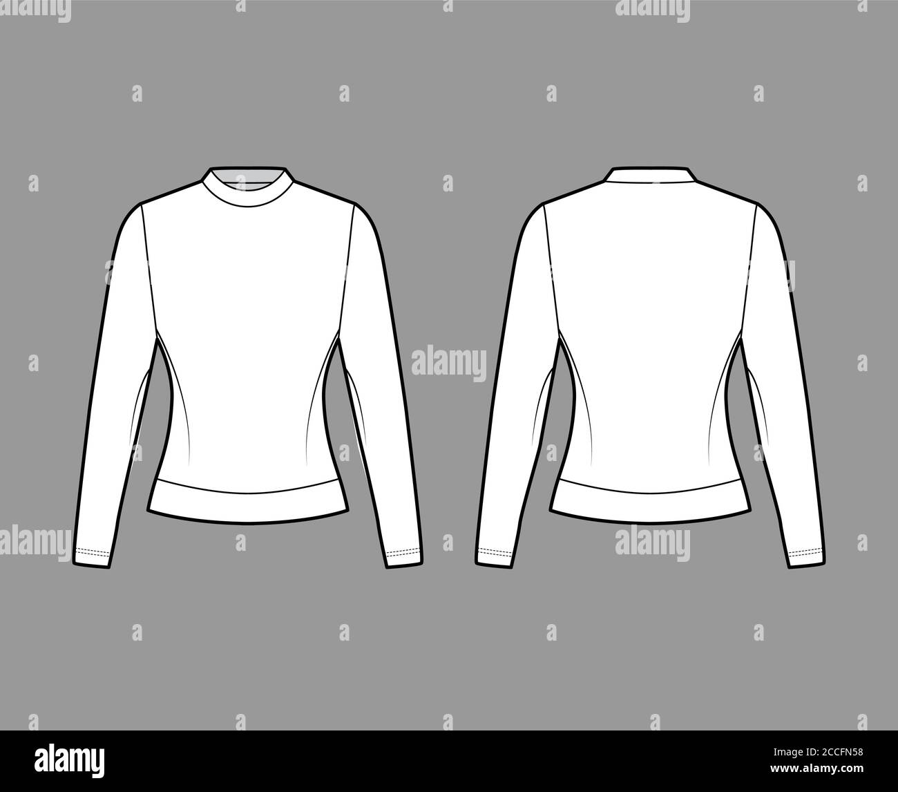 Cotton-terry sweatshirt technical fashion illustration with fitted body, crew neckline, long sleeves. Flat jumper apparel outwear template front, back white color. Women, men, unisex top CAD mockup Stock Vector