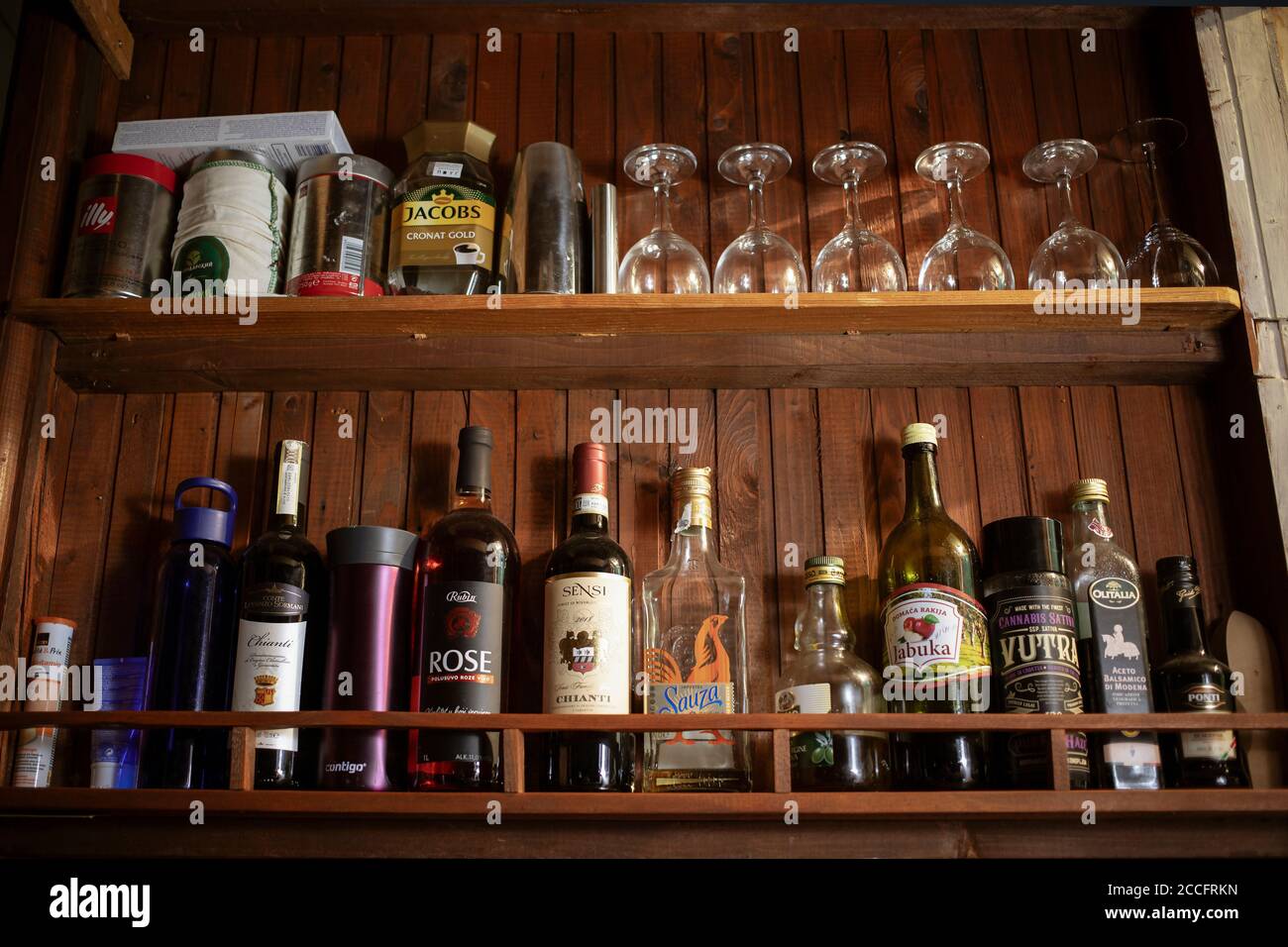 Kitchen stuff on wooden shelf Stock Photo - Alamy