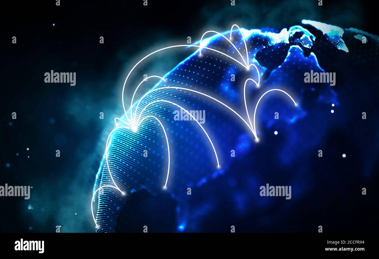 Earth planet lights, network plexus digital. Globe technology background. Global connecting earth network. Digital communication connect payment Stock Photo