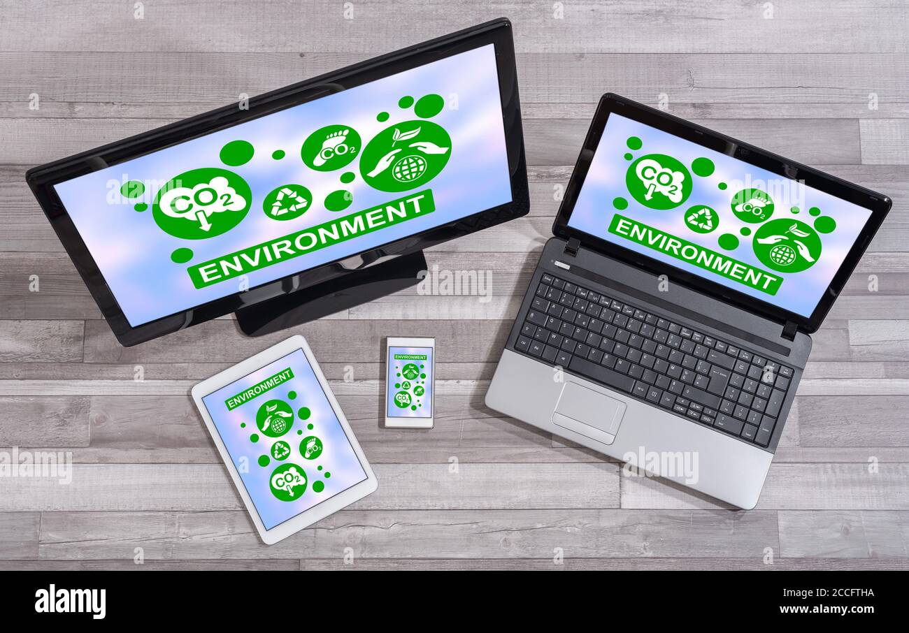 Environment concept shown on different information technology devices Stock Photo