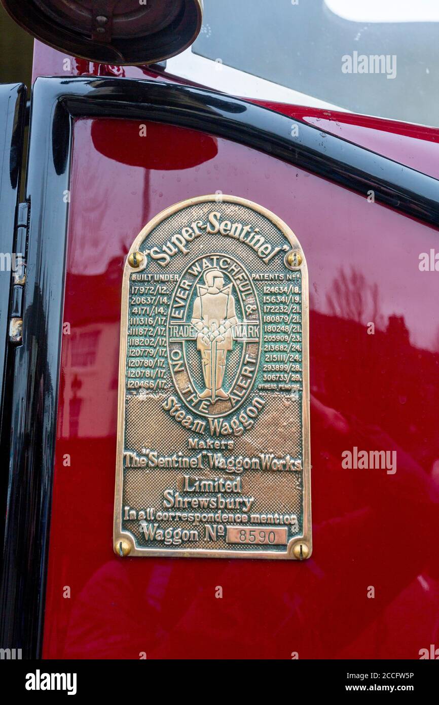 The brass makers plate on Sentinel GD6 steam bus 'Elizabeth' at Minehead station for a West Somerset Railway Spring Gala event, England, UK Stock Photo