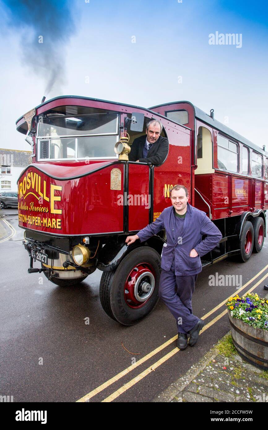 The driver and fireman of Sentinel GD6 steam bus 'Elizabeth' at Minehead station for a West Somerset Railway Spring Gala event, England, UK Stock Photo