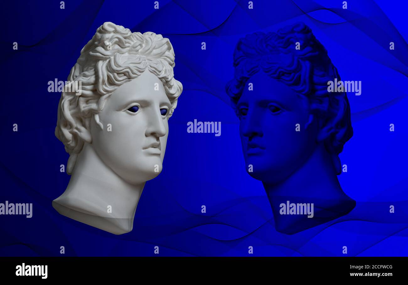Gypsum statue of Apollo's. Statue. Black Lives Matter. Racial discrimination. COY2020 Classic Blue concept. Background made of Classic Blue 2020 color Stock Photo