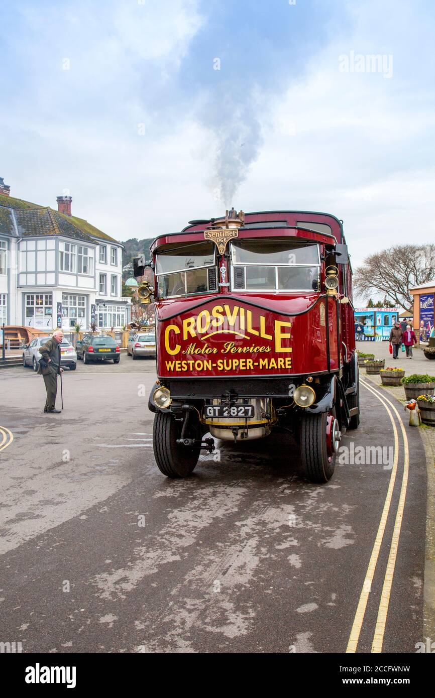 Sentinel GD6 steam bus 'Elizabeth' at Minehead station for a West Somerset Railway Spring Gala event, England, UK Stock Photo