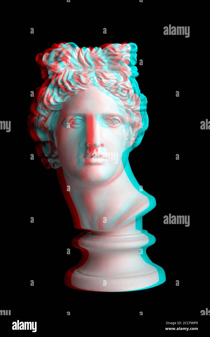 3d anaglyph effect. Gypsum statue of Apollo's head. Man. Creative. Head. Isolated. Glitch Art. Digital offset CMYK illustration. Stock Photo