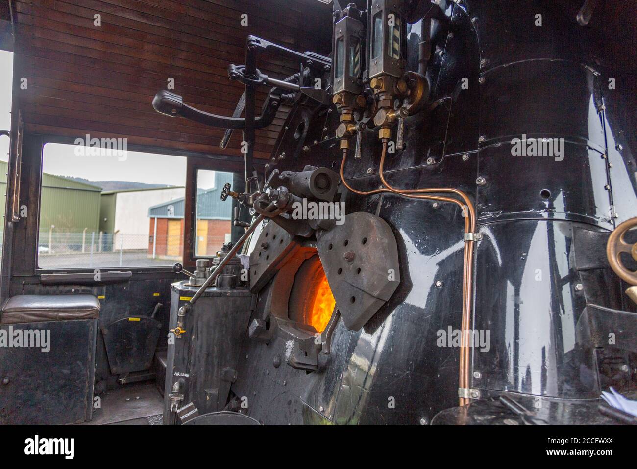The footplate of Ex-USA S160 steam loco 6046 at Minehead Station, West Somerset Railway Spring Gala, England, UK Stock Photo
