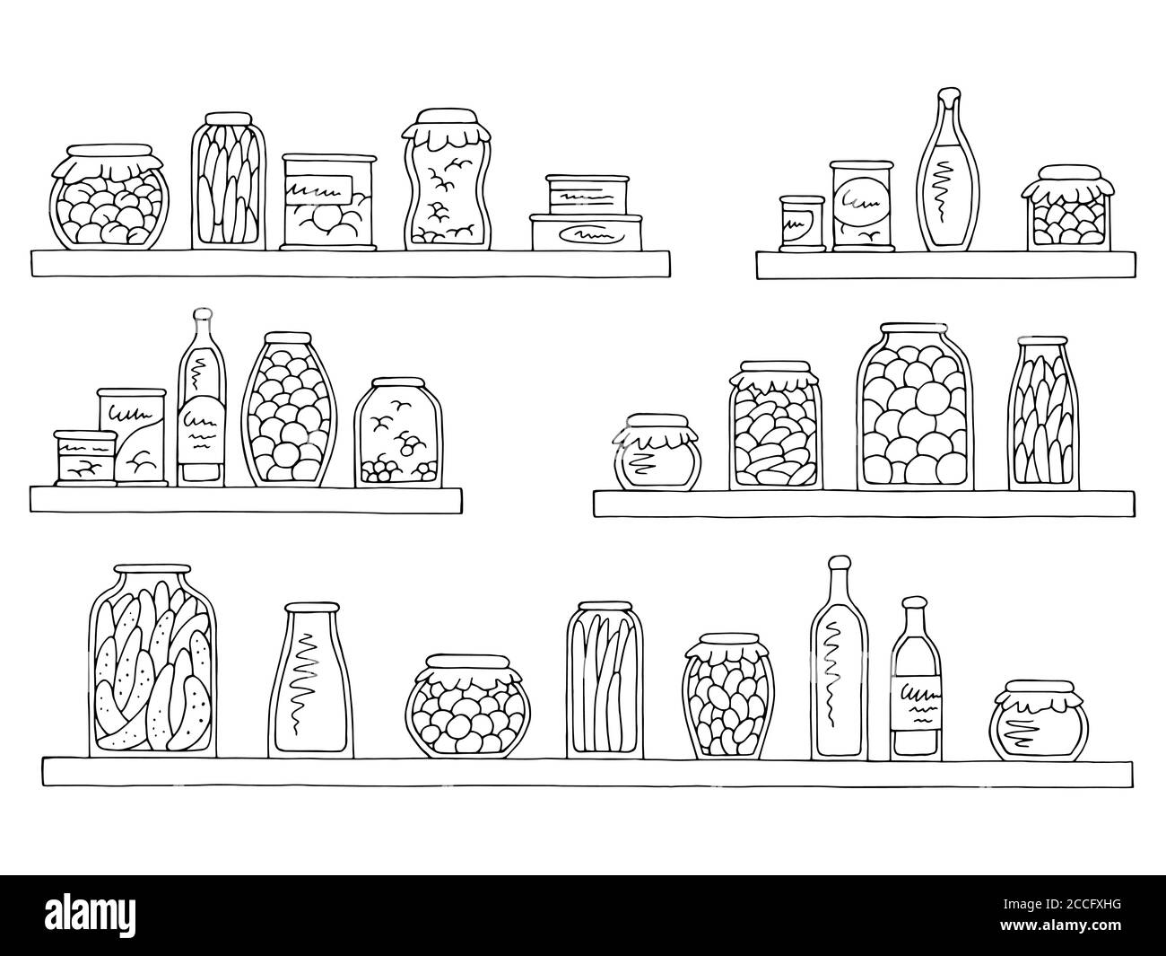 Shelves set graphic black white isolated sketch can food grocery store illustration vector Stock Vector