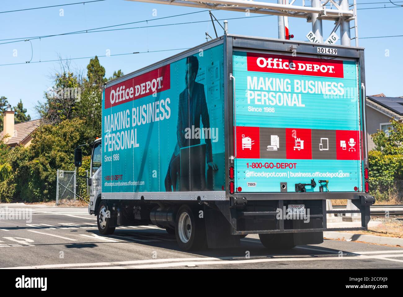 August 3, 2020 Mountain View / CA / USA - Office Depot truck making deliveries in San Francisco bay area; Office Depot, Inc. is an American office sup Stock Photo