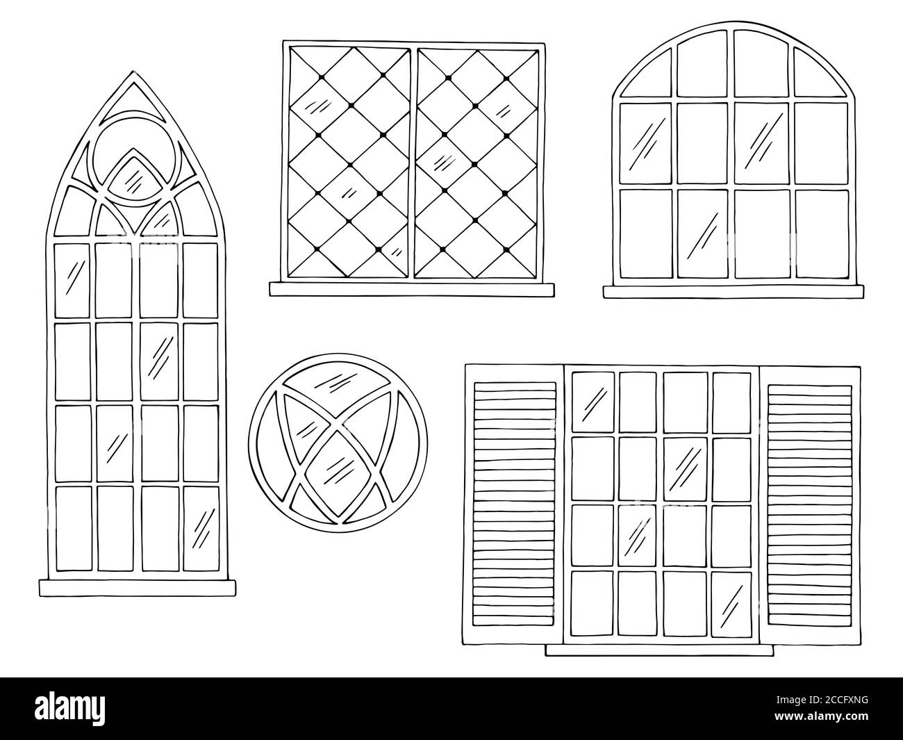 Windows set graphic black white isolated sketch illustration vector Stock Vector