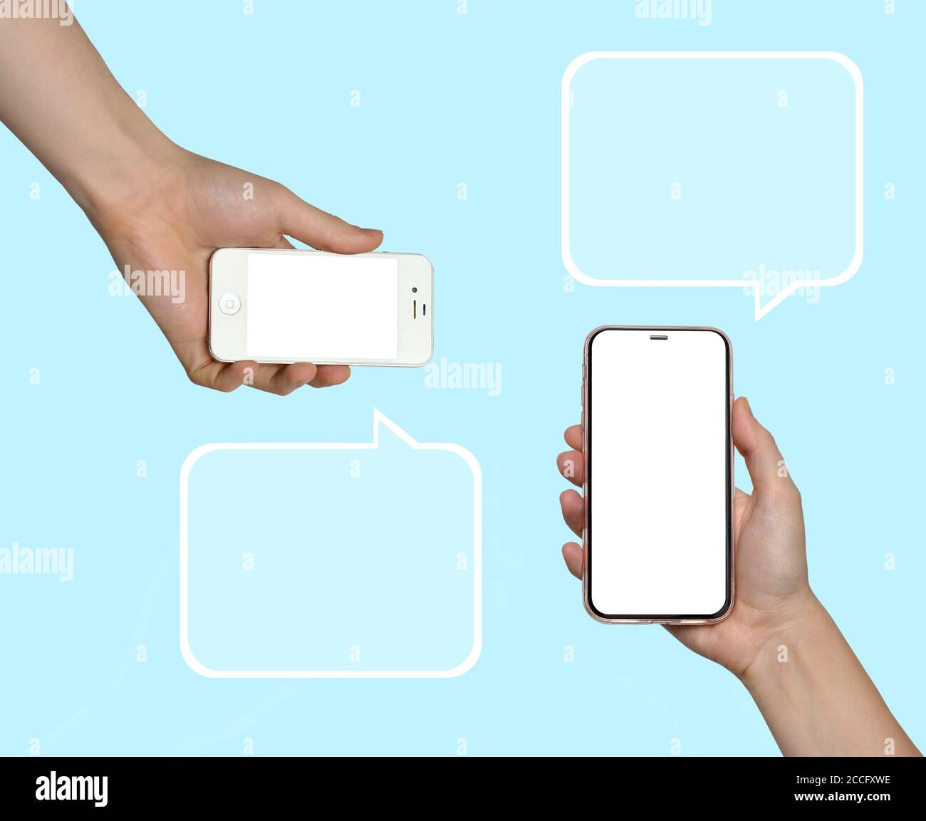 Phone. Woman and man hands holdings the smartphones white background. Outdated model and modern frameless design smartphones Stock Photo