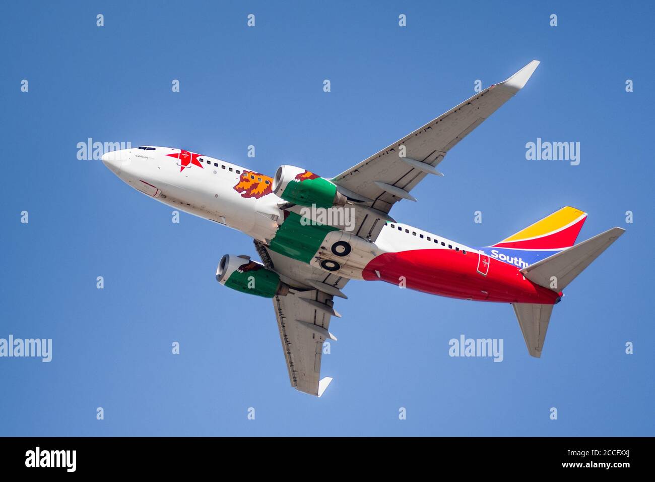 August 7, 2020 San Jose / CA / USA - California One Southwest Airlines taking off from San Jose International Airport (SJC); California One livery is Stock Photo