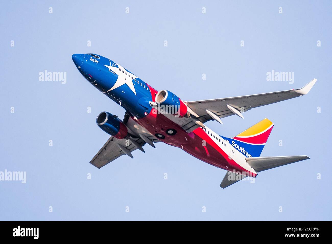 August 7, 2020 San Jose / CA / USA - Lone Star One Southwest Airlines taking off from San Jose International Airport (SJC); Lone Star One livery is ho Stock Photo