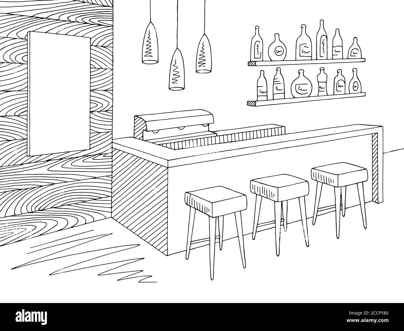 Cafe bar graphic black white interior sketch illustration vector Stock