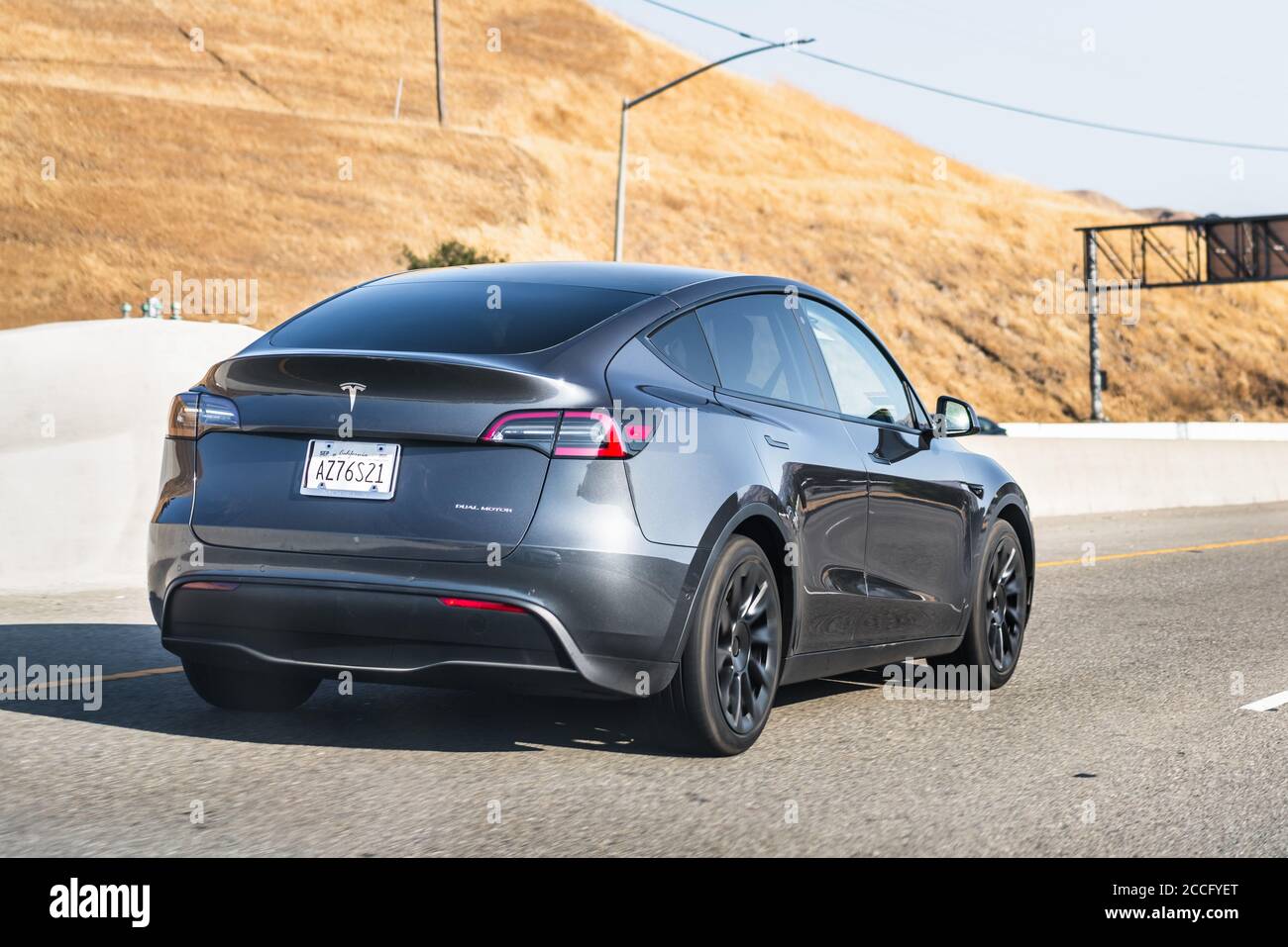 July 26, 2020 Fremont / CA / USA Tesla Model Y travelling on the