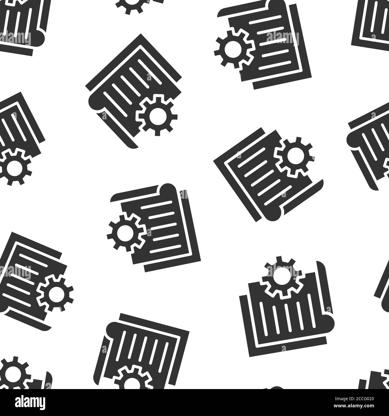 Document with gear icon in flat style. Big data processing vector illustration on white isolated background. Paper sheet software solution seamless pa Stock Vector