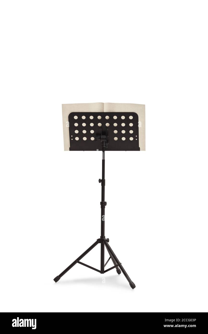 Shot of a musical notebook on a tripod stand isolated on white background Stock Photo
