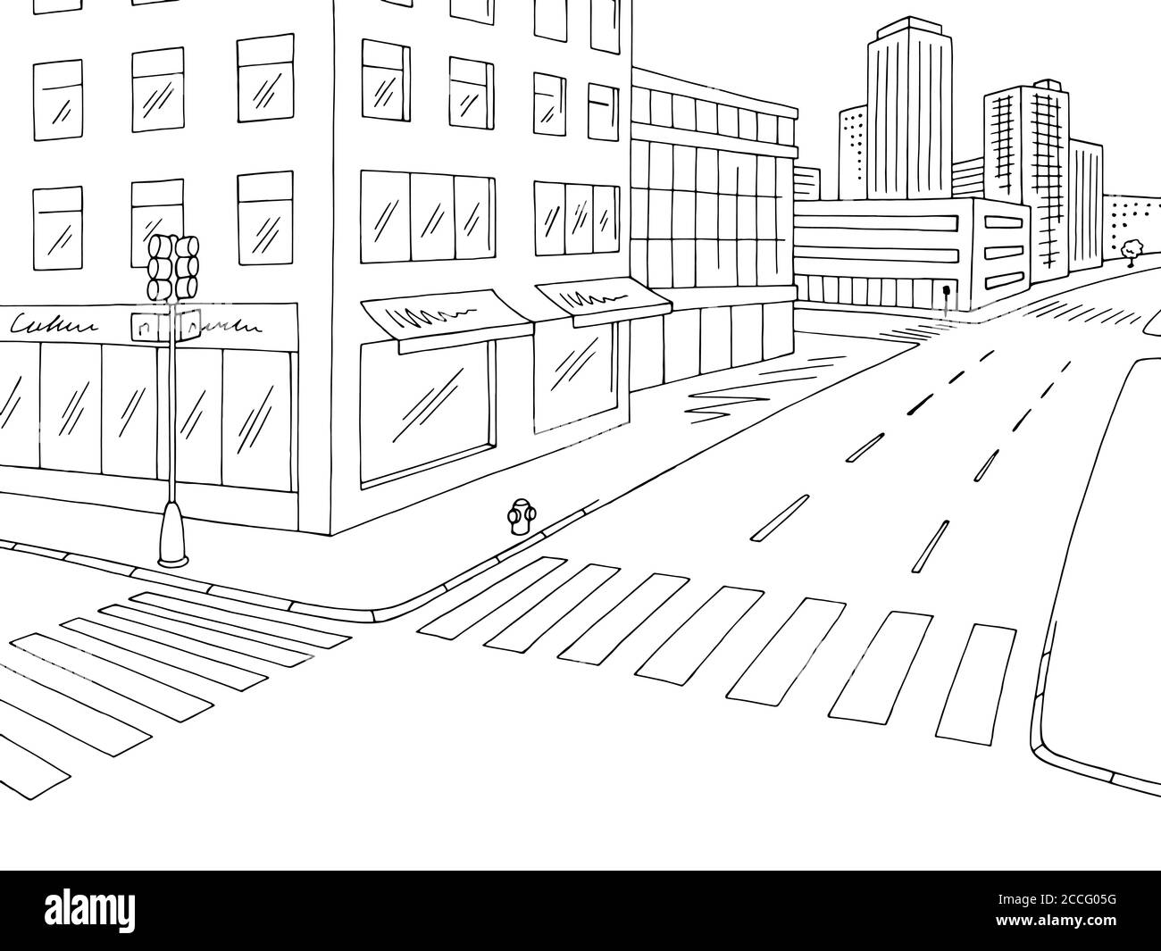 Street road graphic black white crossroad city landscape sketch illustration vector Stock Vector