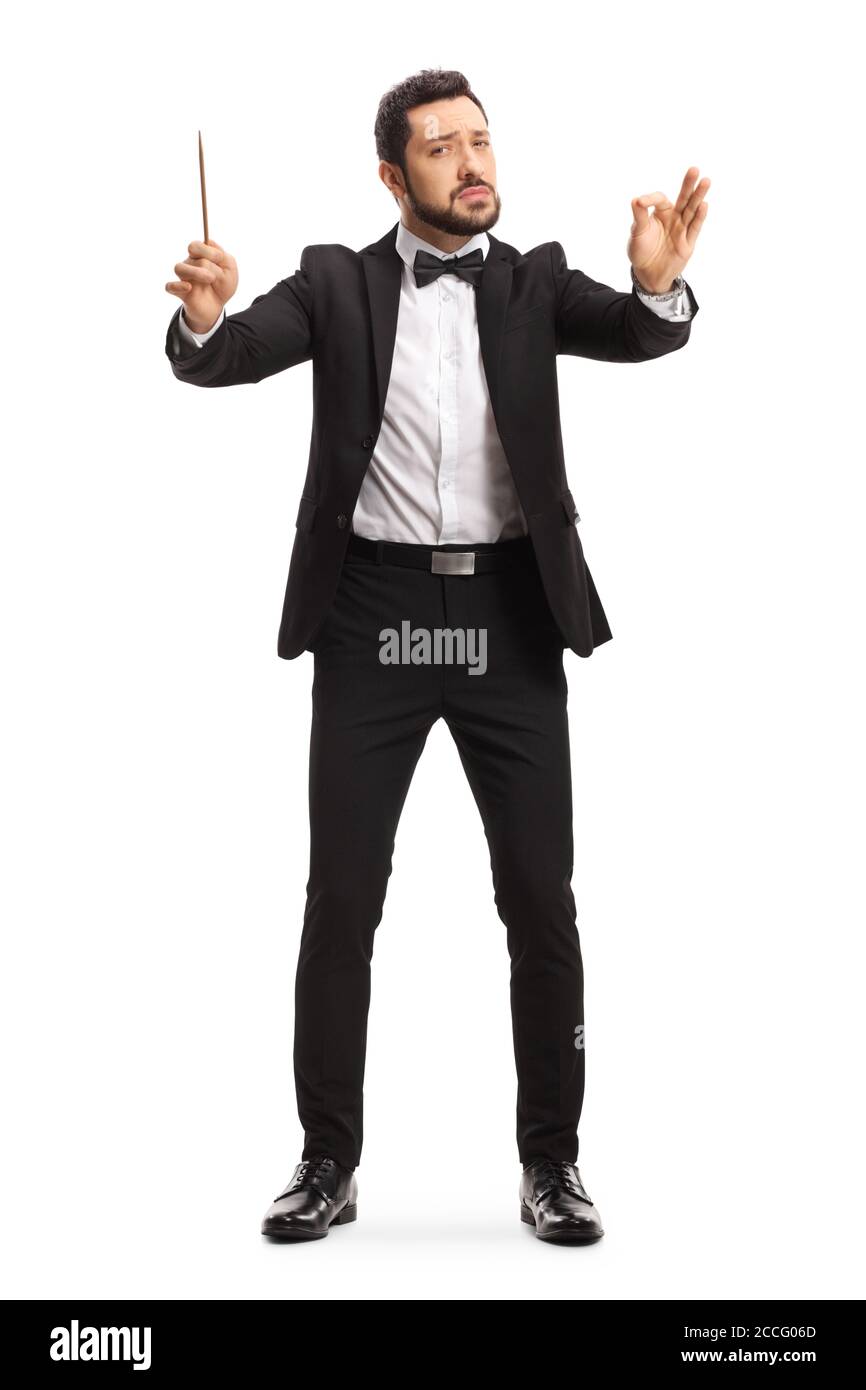 Full length portrait of a male conductor directing a musical performance isolated on white background Stock Photo