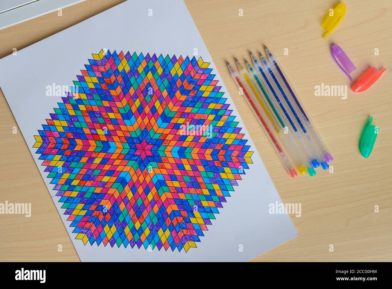 Mandala Coloring Therapy. Mandala creative drawing. Relaxation and stress relief, filling the picture with energy. Master class. Art Therapy. Mandala Stock Photo
