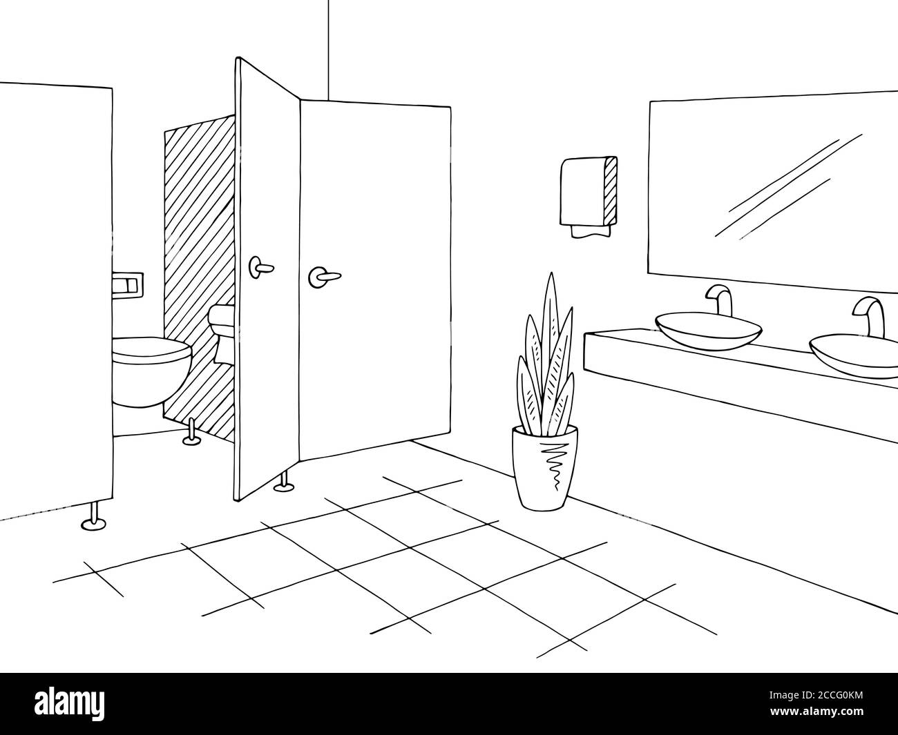 Public toilet graphic interior black white sketch illustration vector Stock Vector