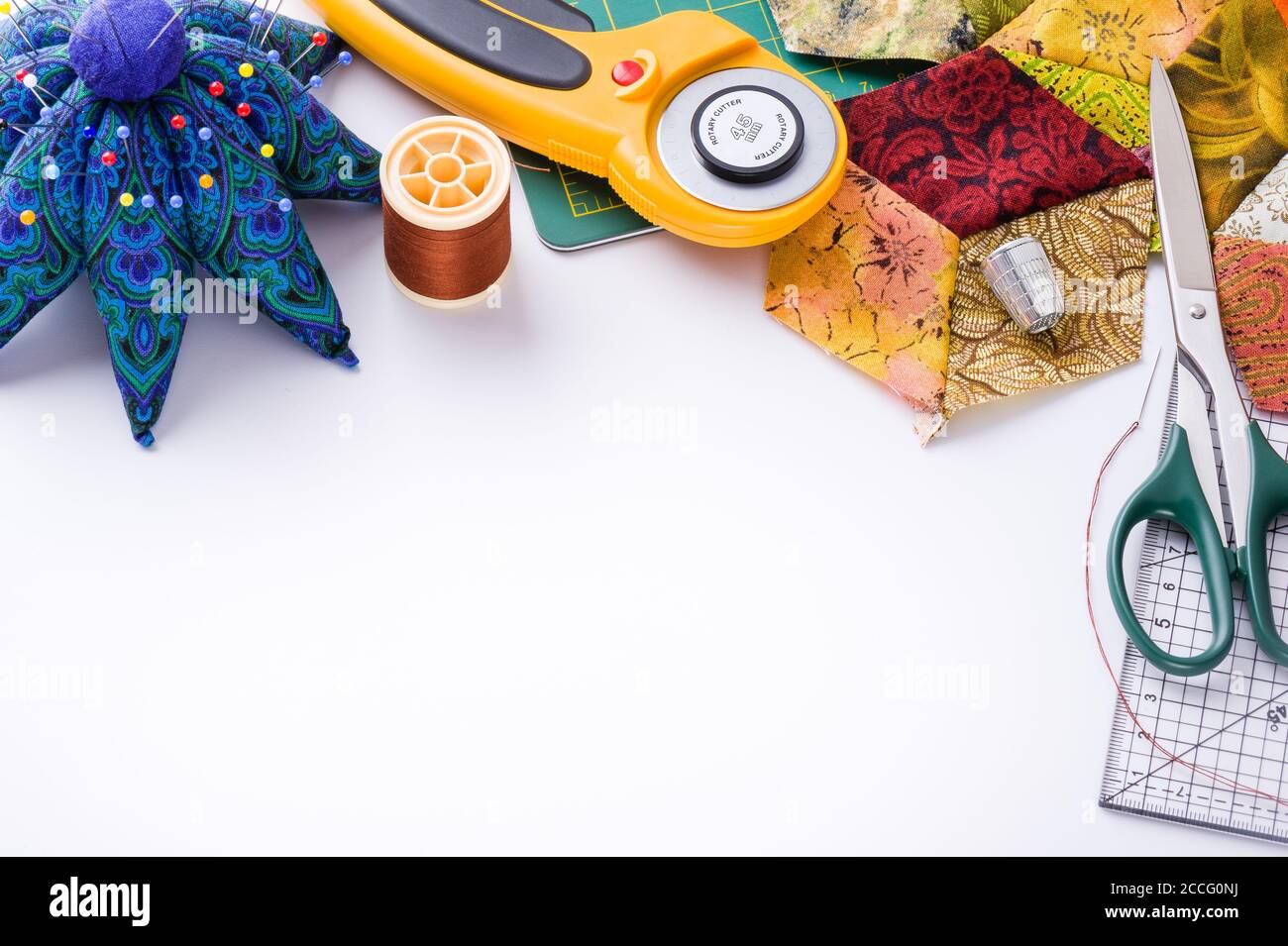Patch Work Accessory Accessories for patchwork top view on a white surface Stock Photo - Alamy