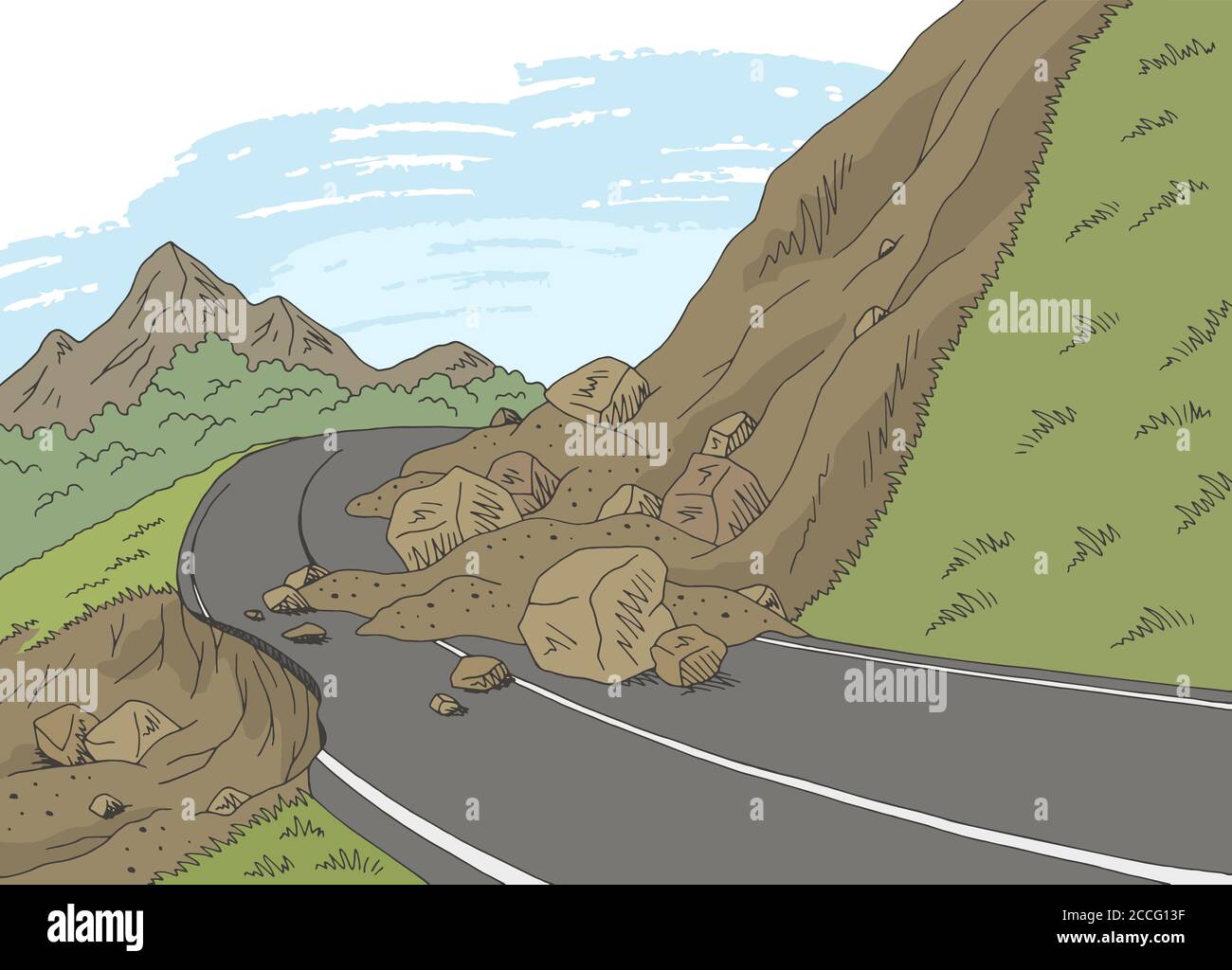 Landslide graphic color mountains landscape sketch illustration vector Stock Vector