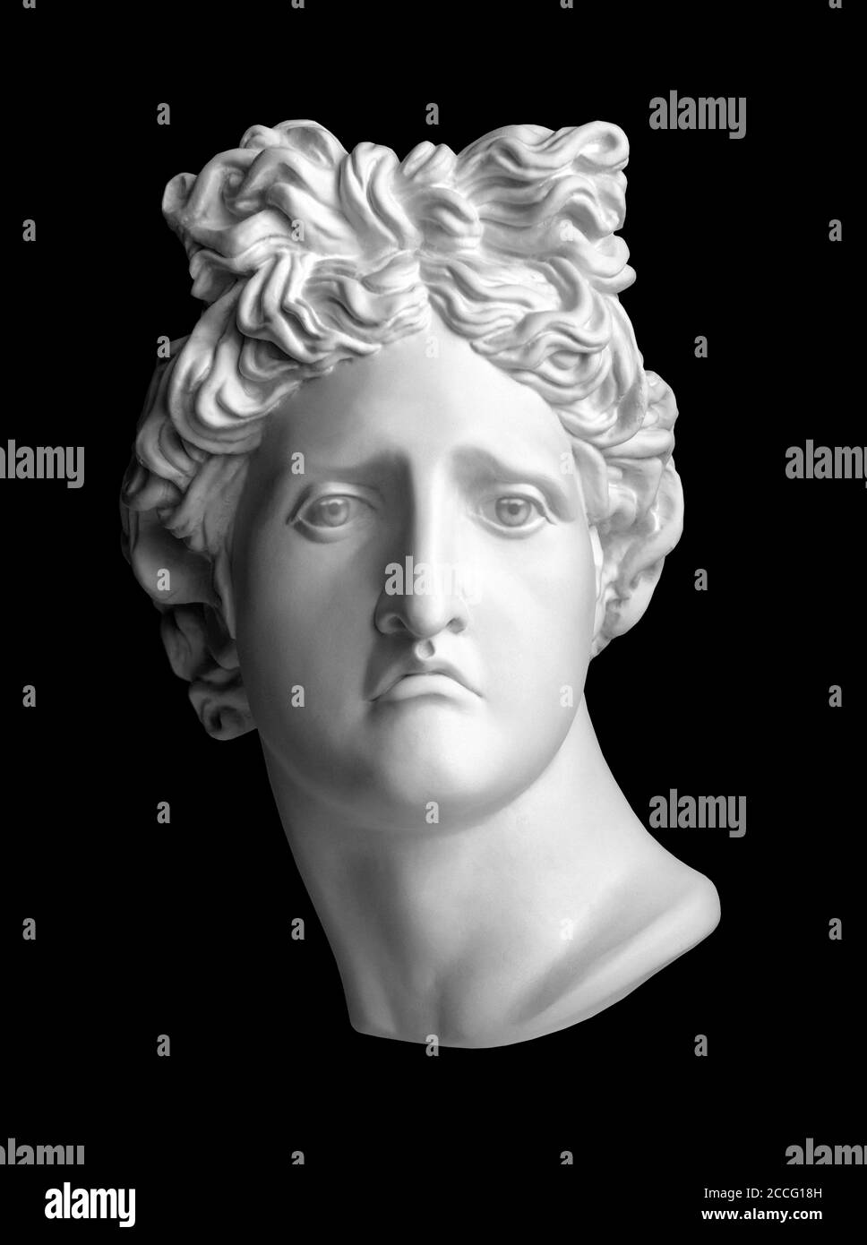 Plaster statue of the head of Apollo. Man. Statue. In isolation. Chapter. Sad Racial discrimination. Desperation. Apollo Belvedere. Coronavirus Covid Stock Photo