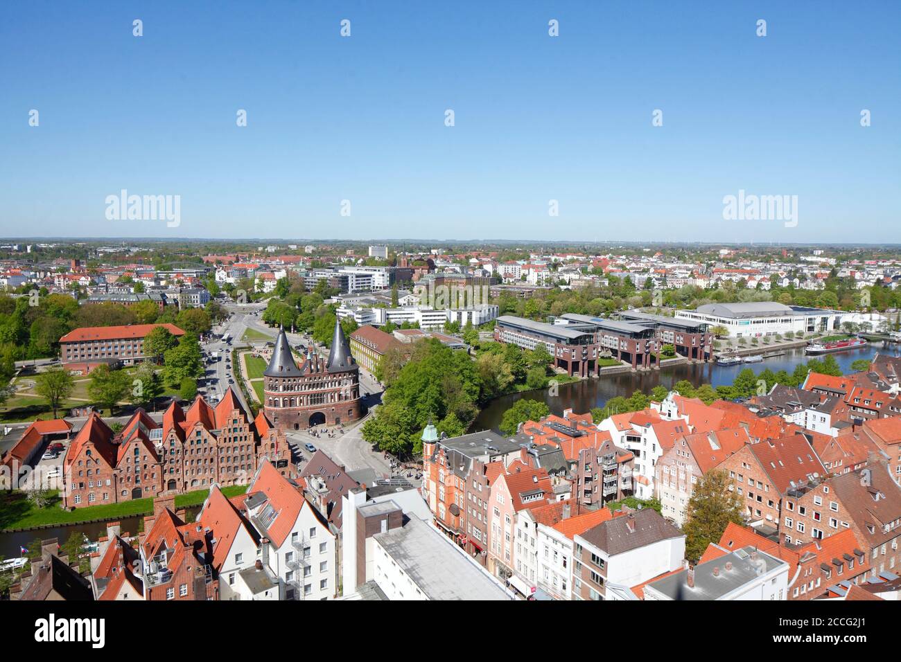 View of historic salt storage and the Holsten Gate from the Petrikirche, Lübeck, Schleswig-Holstein, Germany, Europe Stock Photo