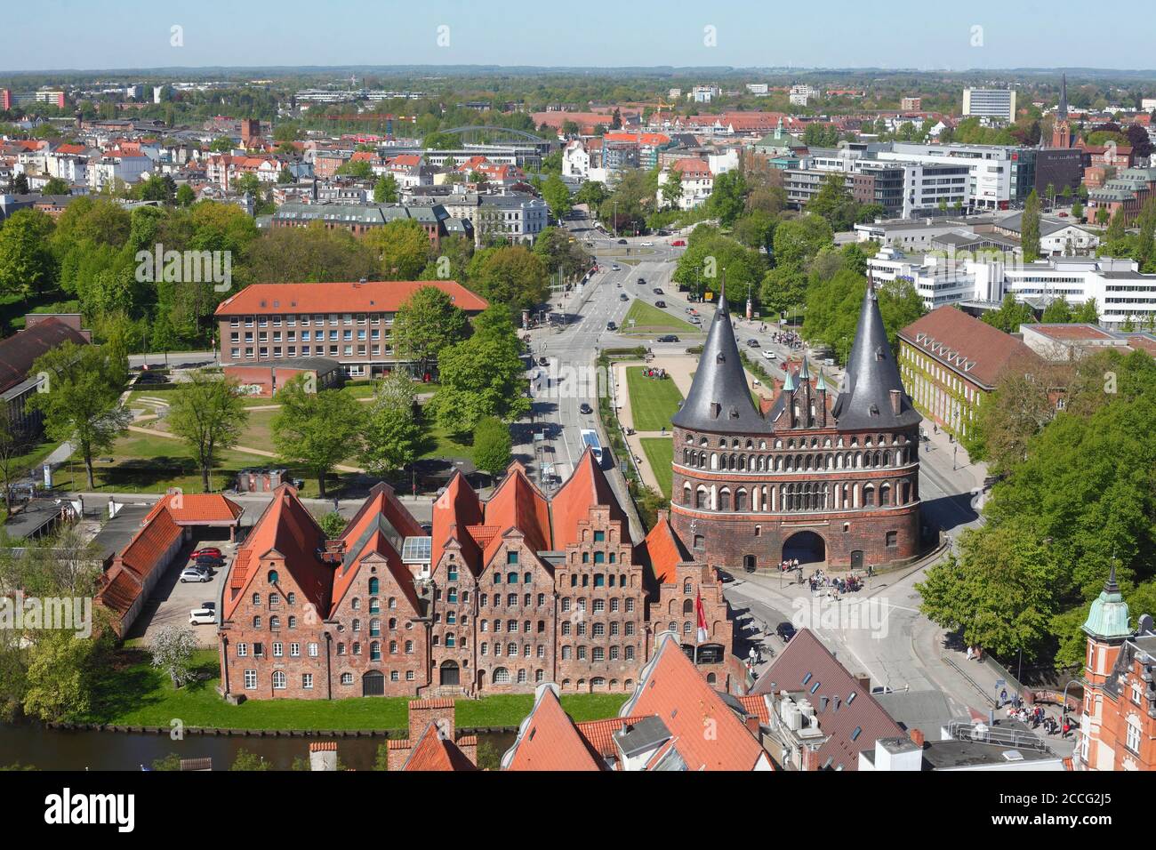 View of historic salt storage and the Holsten Gate from the Petrikirche, Lübeck, Schleswig-Holstein, Germany, Europe Stock Photo
