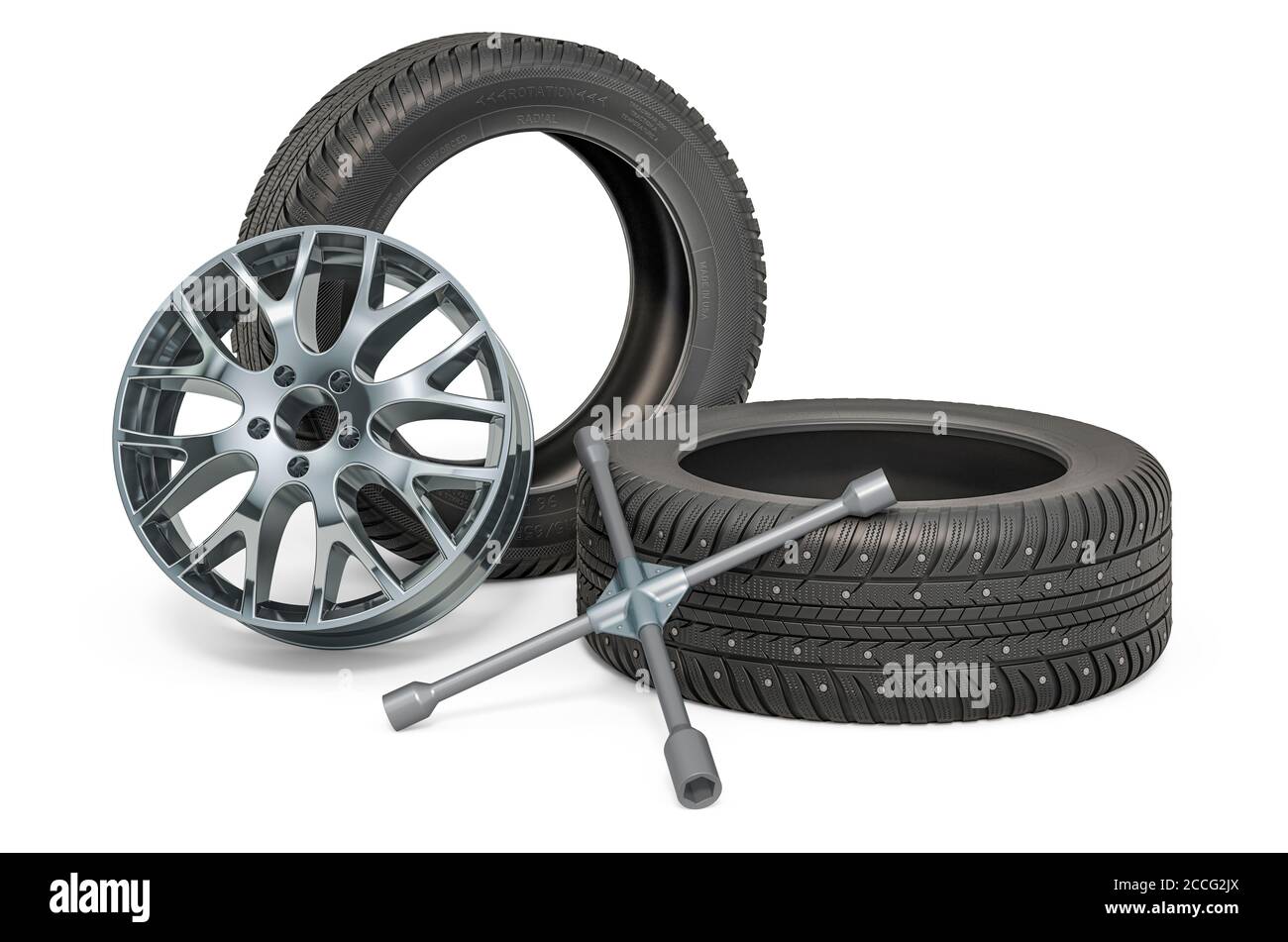 Car tires and rim with lug wrench. Tire Fitting service concept, 3D