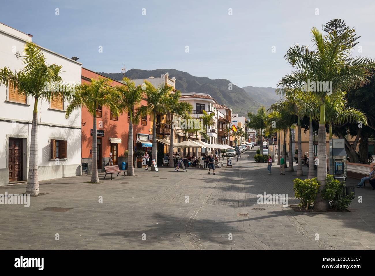 The Plaza de los Remedios, behind the Teno Mountains, Buenavista del Norte, Tenerife, Canary Islands, Spain Stock Photo
