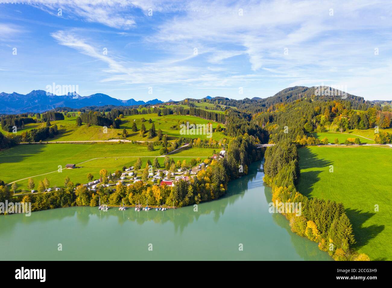Camping site Seewang, mouth of Bernmoosbach, Forggensee, Ostallgäu, Allgäu,  aerial view, Swabia, Bavaria, Germany Stock Photo - Alamy