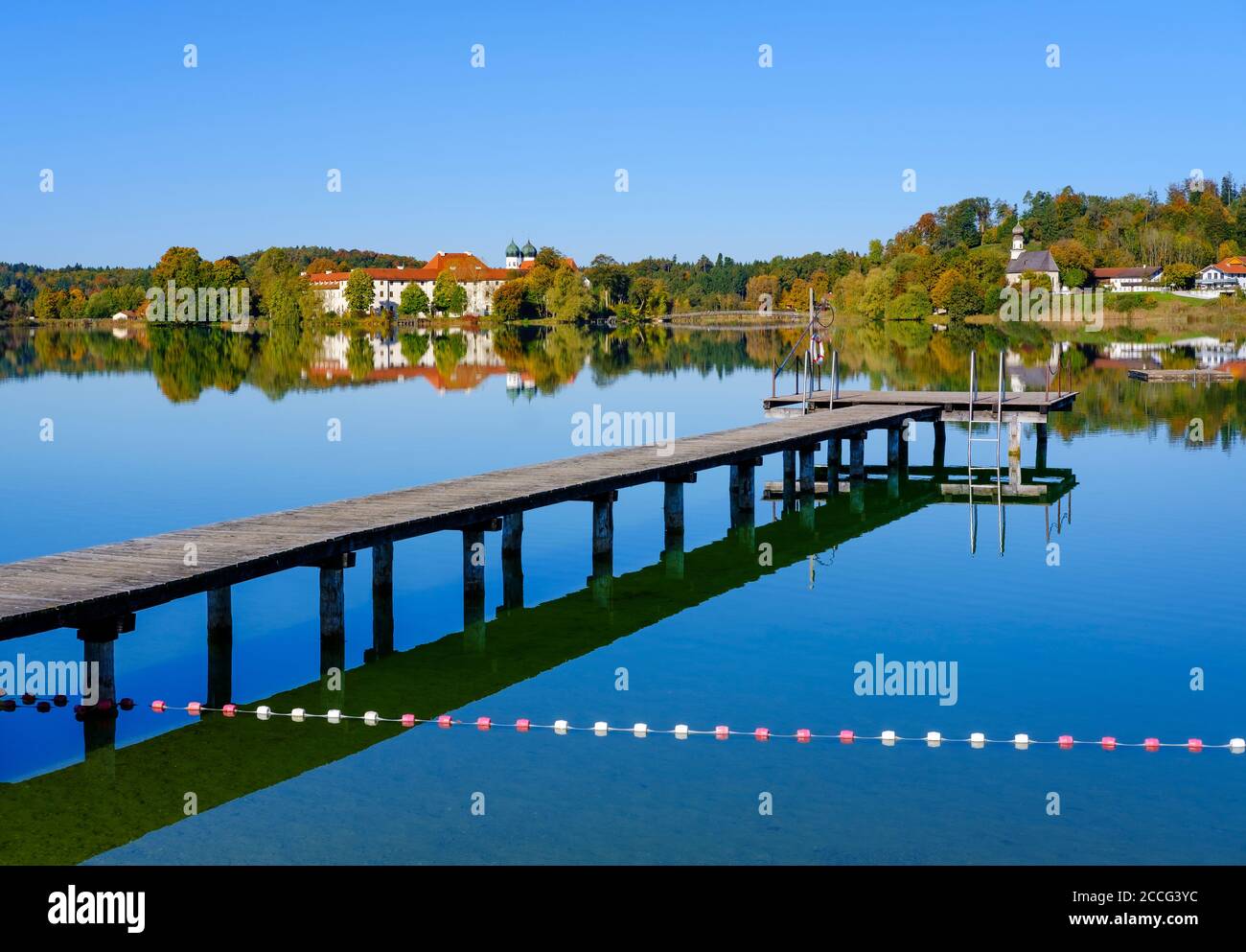 Bathing jetty, Kloster Seeon, Klostersee, Seeon-Seebruck, Chiemgau, Upper Bavaria, Bavaria, Germany Stock Photo