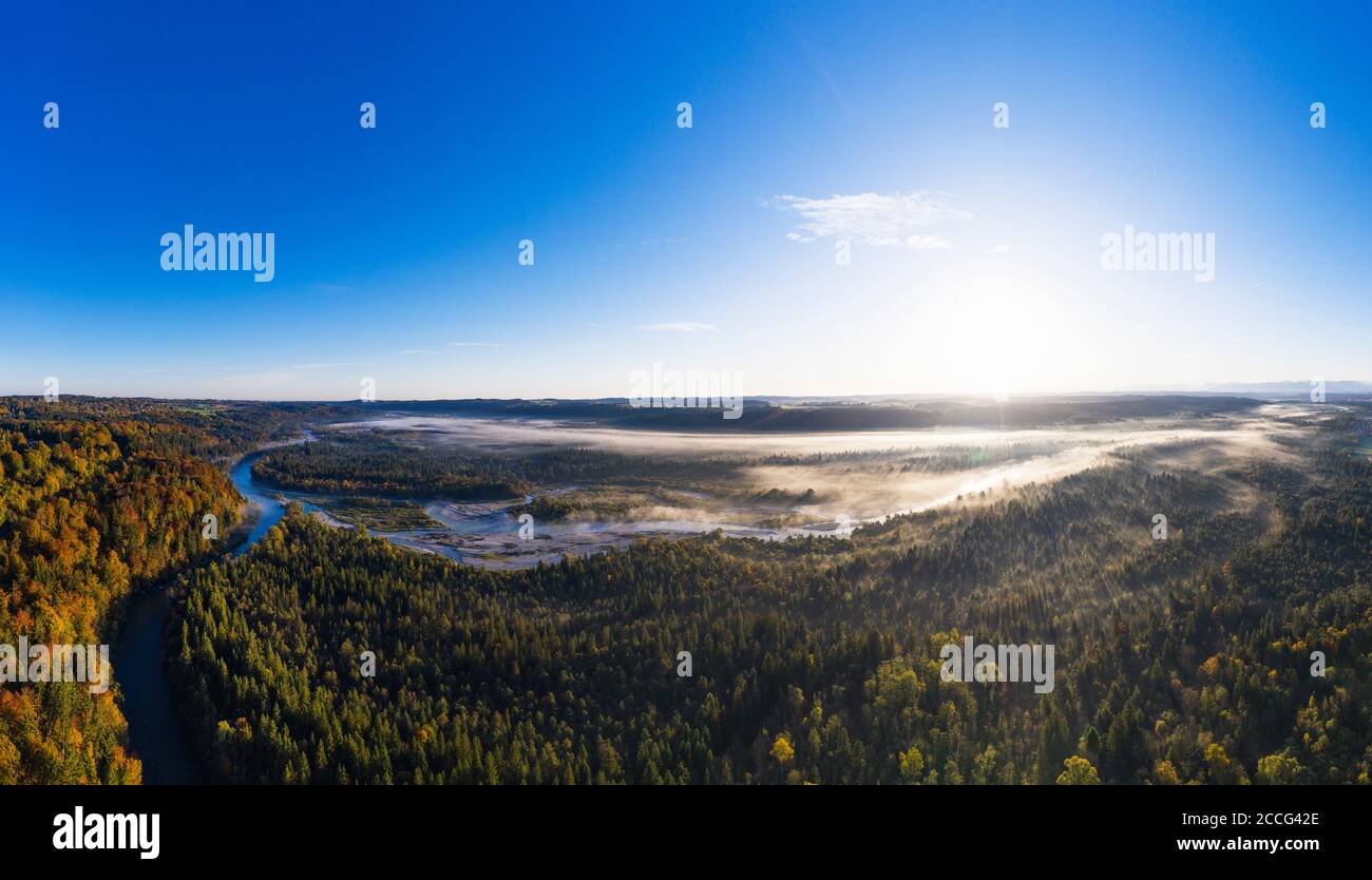 Mouth of the Loisach into the Isar, Pupplinger Au, Isarauen nature reserve, near Wolfratshausen, aerial photo, Upper Bavaria, Bavaria, Germany Stock Photo