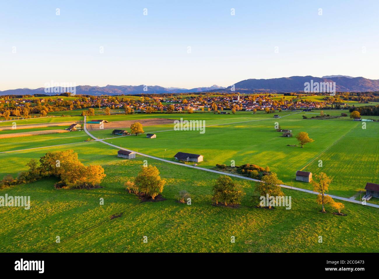 Königsdorf with alpine chain, Tölzer Land, aerial view, Upper Bavaria, Bavaria, Germany Stock Photo