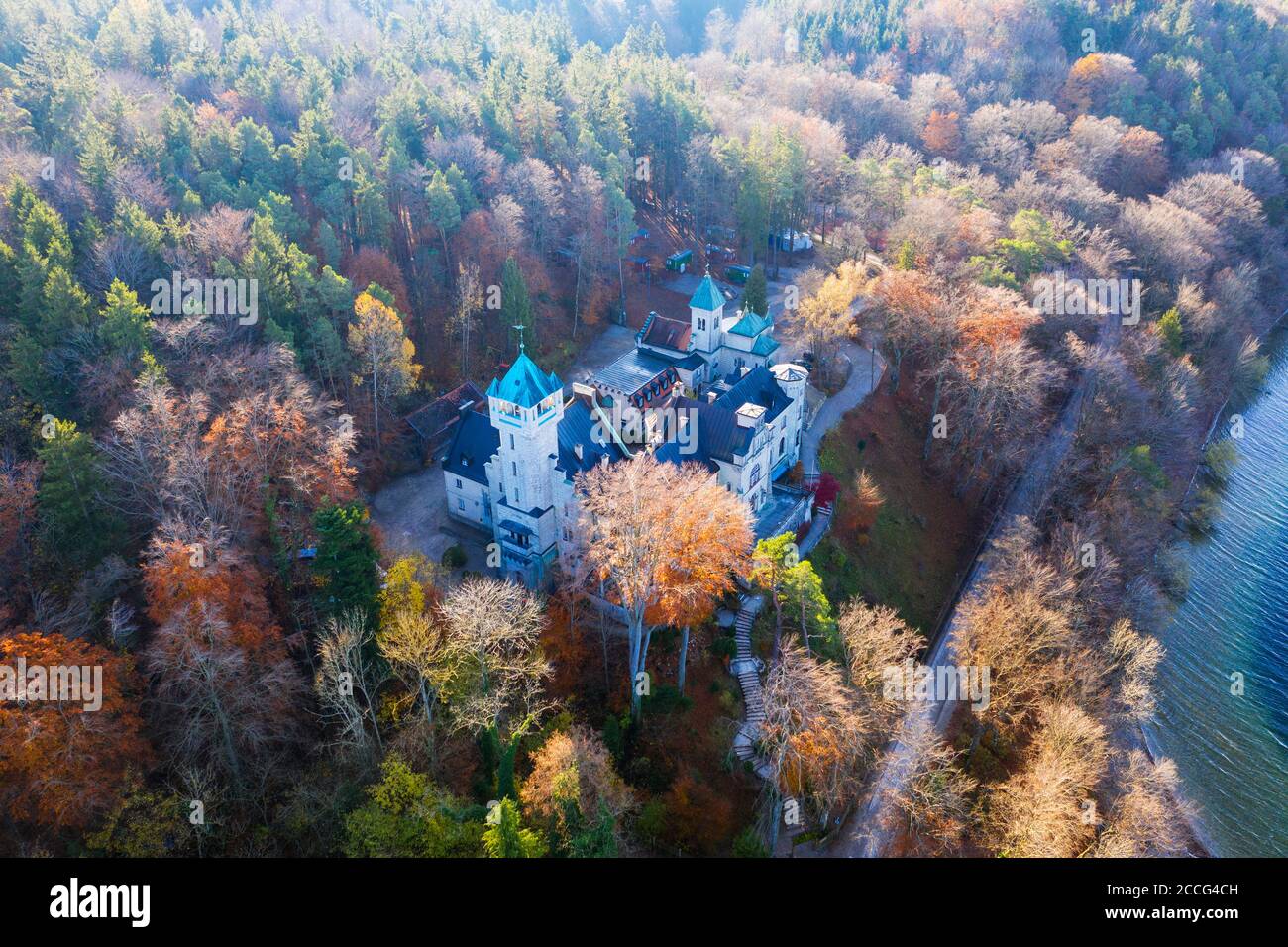 Seeburg Castle on Lake Starnberg, near Münsing, Fünfseenland, aerial ...