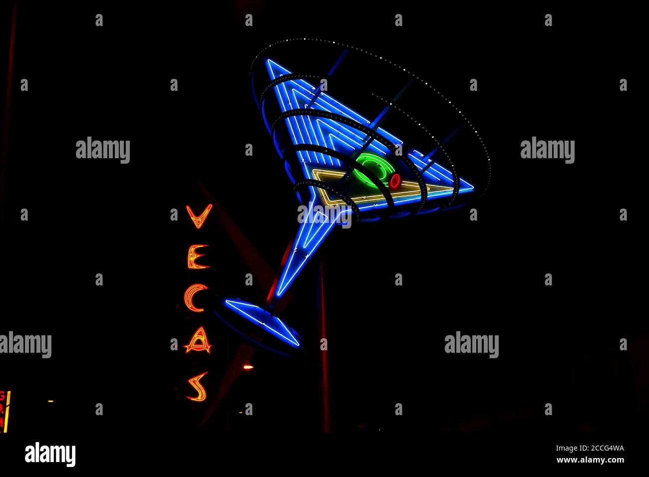 "Oscar's Neon Martini Glass" and Vegas giant neon sign on display above