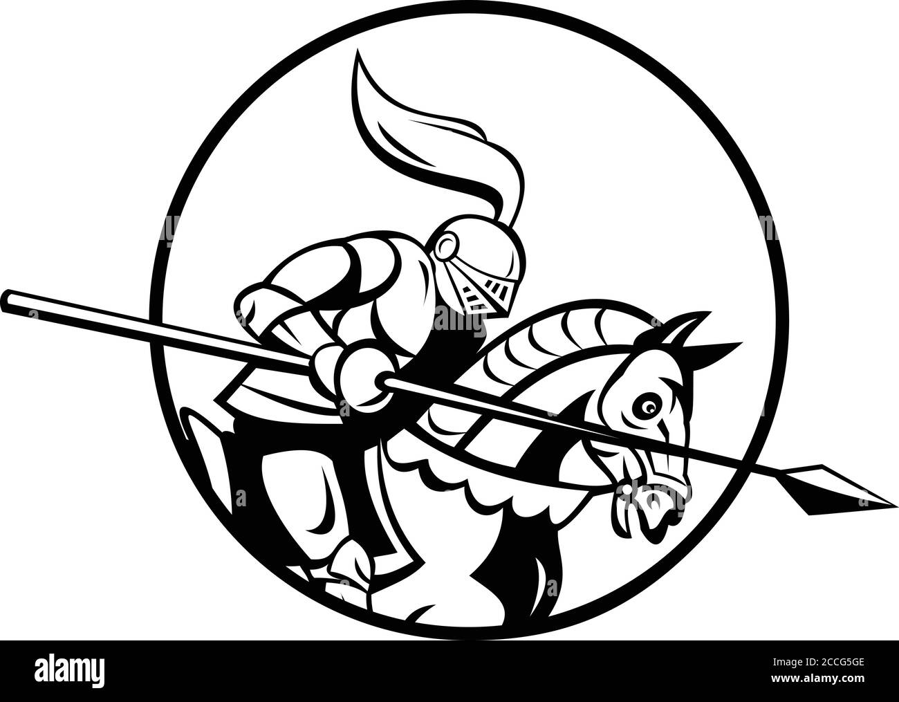Retro style illustration of a medieval knight with lance riding steed set inside circle viewed from side on isolated background done in black and whit Stock Vector
