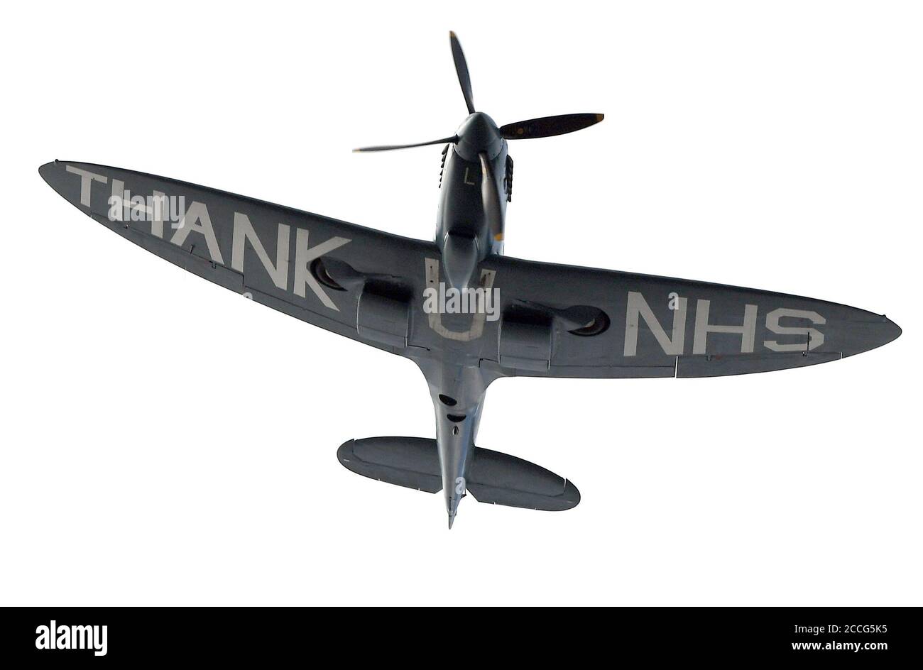 The NHS Spitfire flies over the ground prior to kick-off during day two of the Third Test match at the Ageas Bowl, Southampton. Stock Photo