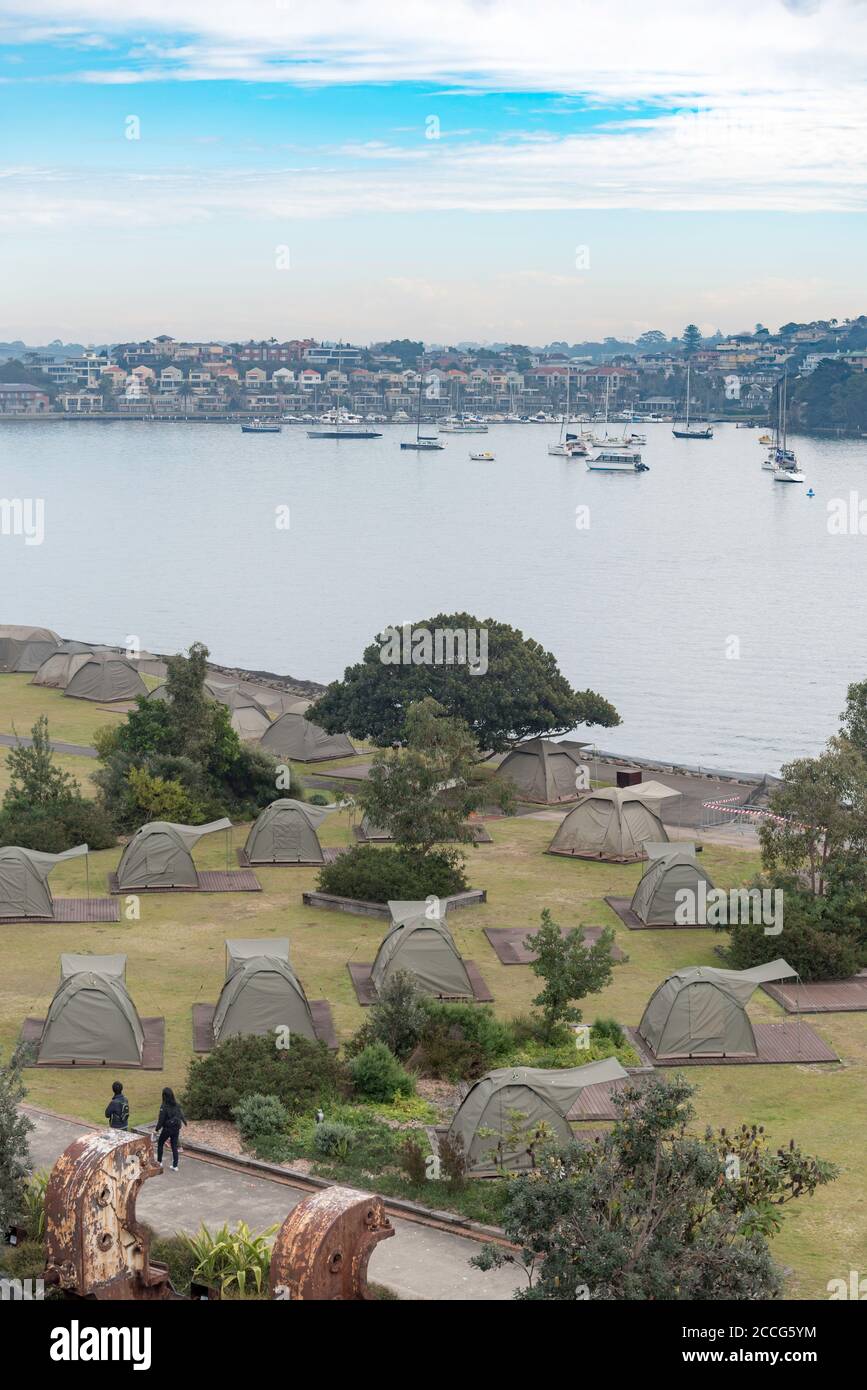 Looking down on the popular pre-erected camping tents available for hire on Cockatoo Island in Sydney Harbour, Australia Stock Photo